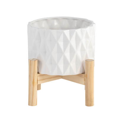 6" Ceramic Diamond Planter W/ Wood Stand, White - Decor Addict, LLC