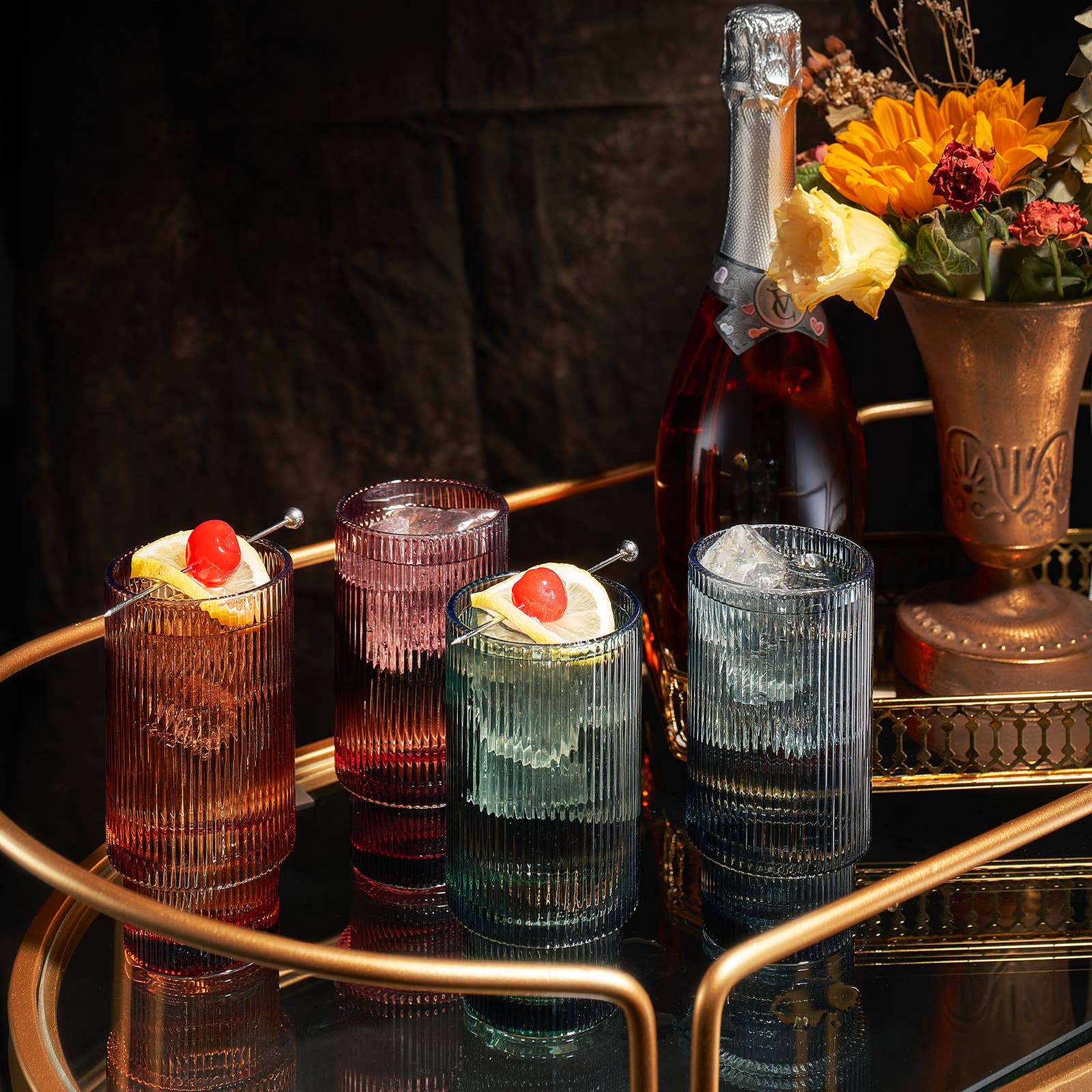 Vintage Art Deco Crystal Highball Ribbed Glass Set of 4