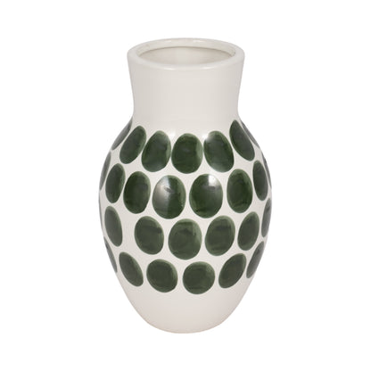 Cer, 10"h Forest Green Polk-a-dot Flower Vase,wht - Decor Addict, LLC