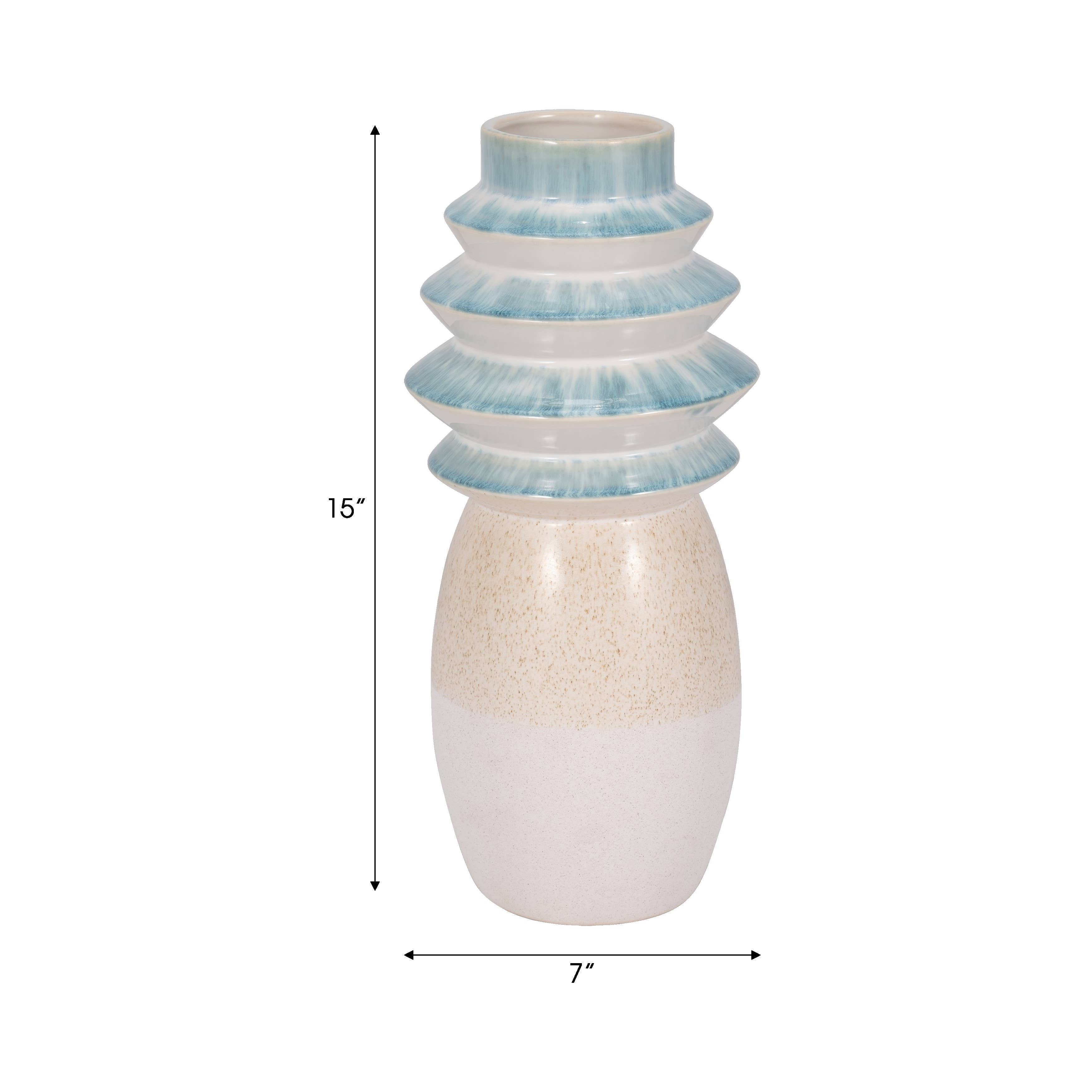 Ceramic Reactive Finish Fluted Top Vase - Blue, 15 in. - Thumbnail 4
