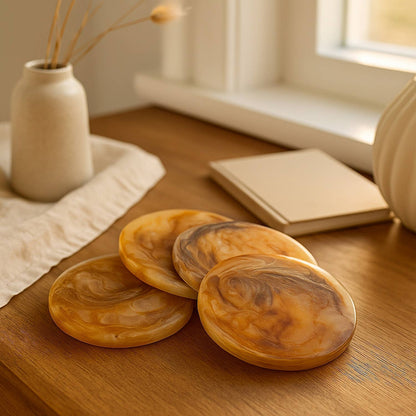 Set of 4 Tortoiseshell Round Coasters: Tortoiseshell / RESIN - Decor Addict, LLC