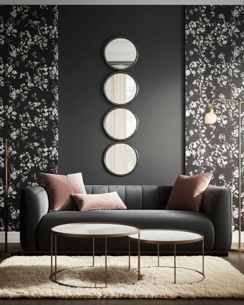 Wood Modern Four Circles Wall Mirror - Black, 48 in.