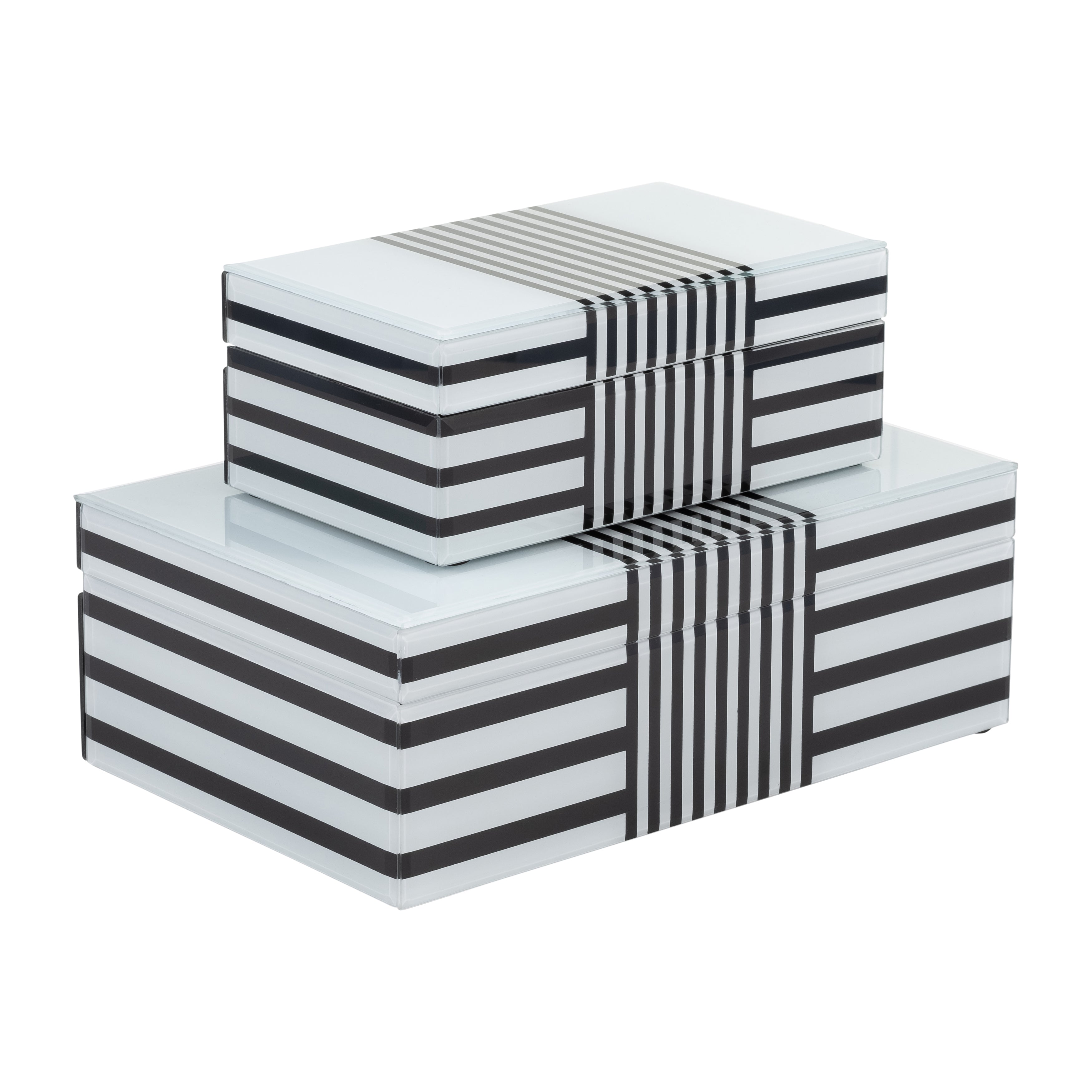 Wood, S/2 8/11" Striped Boxes, Black/white - Decor Addict, LLC