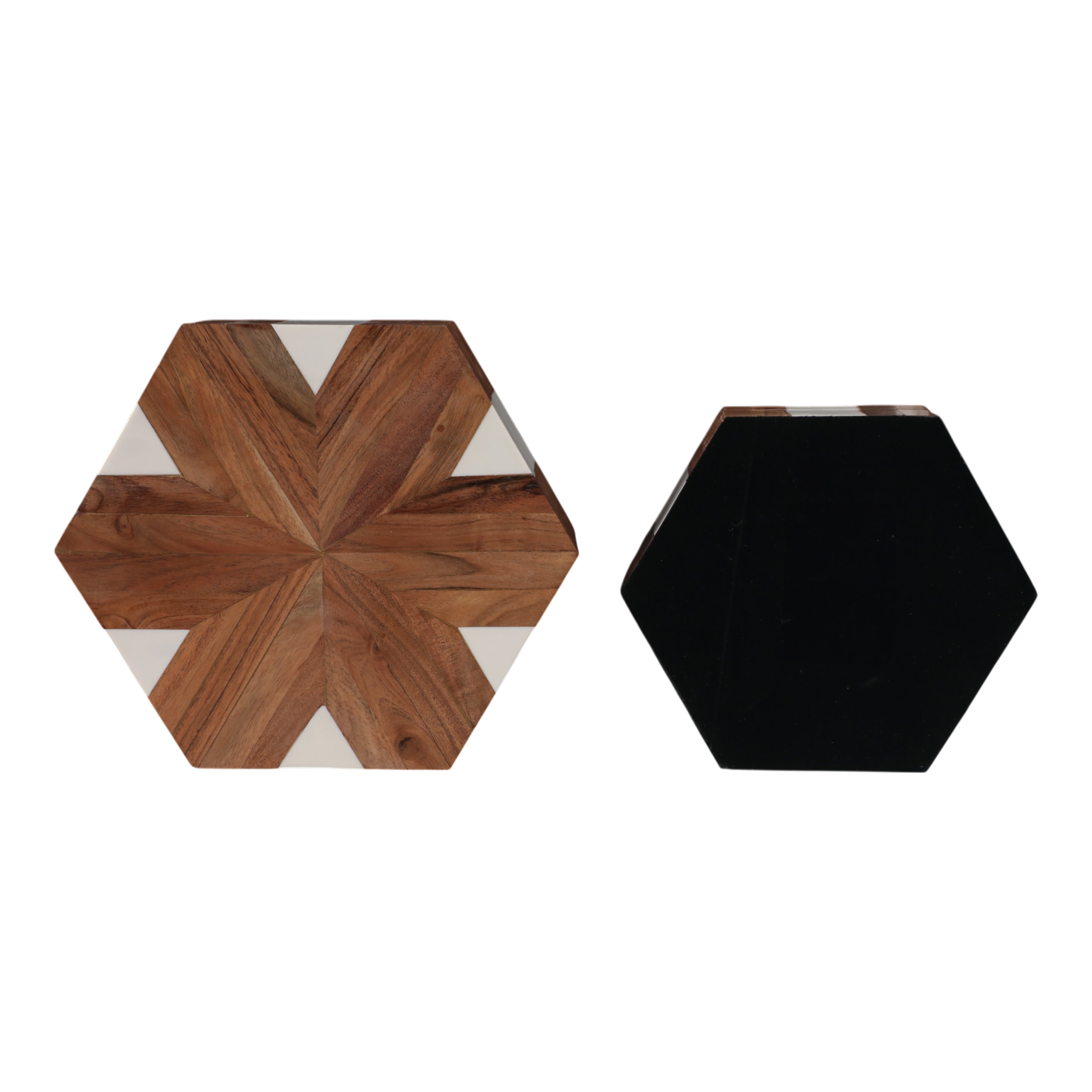 S/2 10/12" Wood Inlay Hexagon Boxes, Natural/white - Decor Addict, LLC