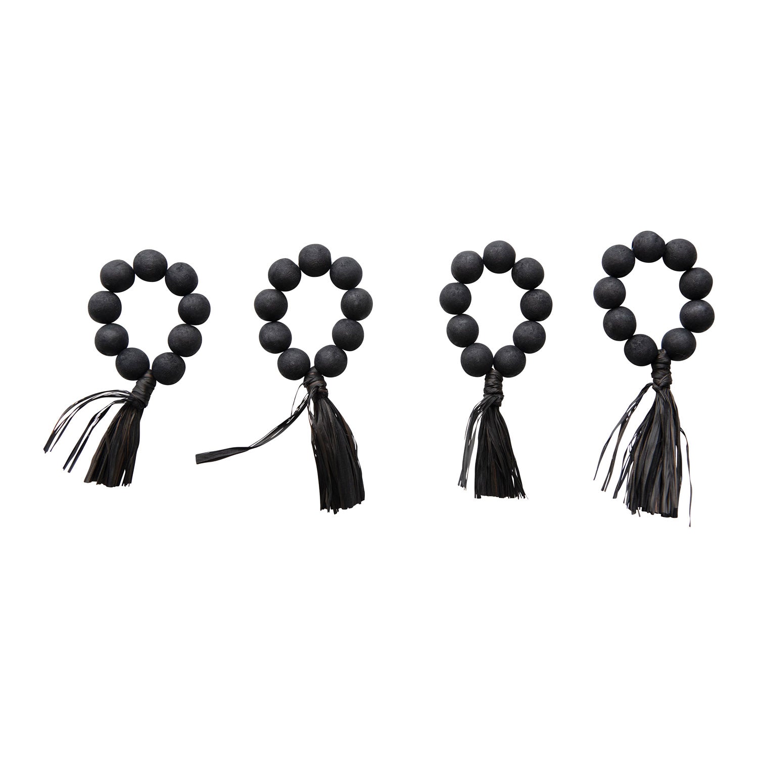 Wood Bead Napkin Rings with Raffia Tassel, Set of 4