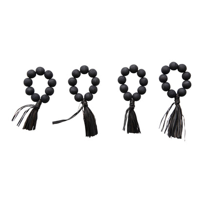 Wood Bead Napkin Rings with Raffia Tassel, Set of 4