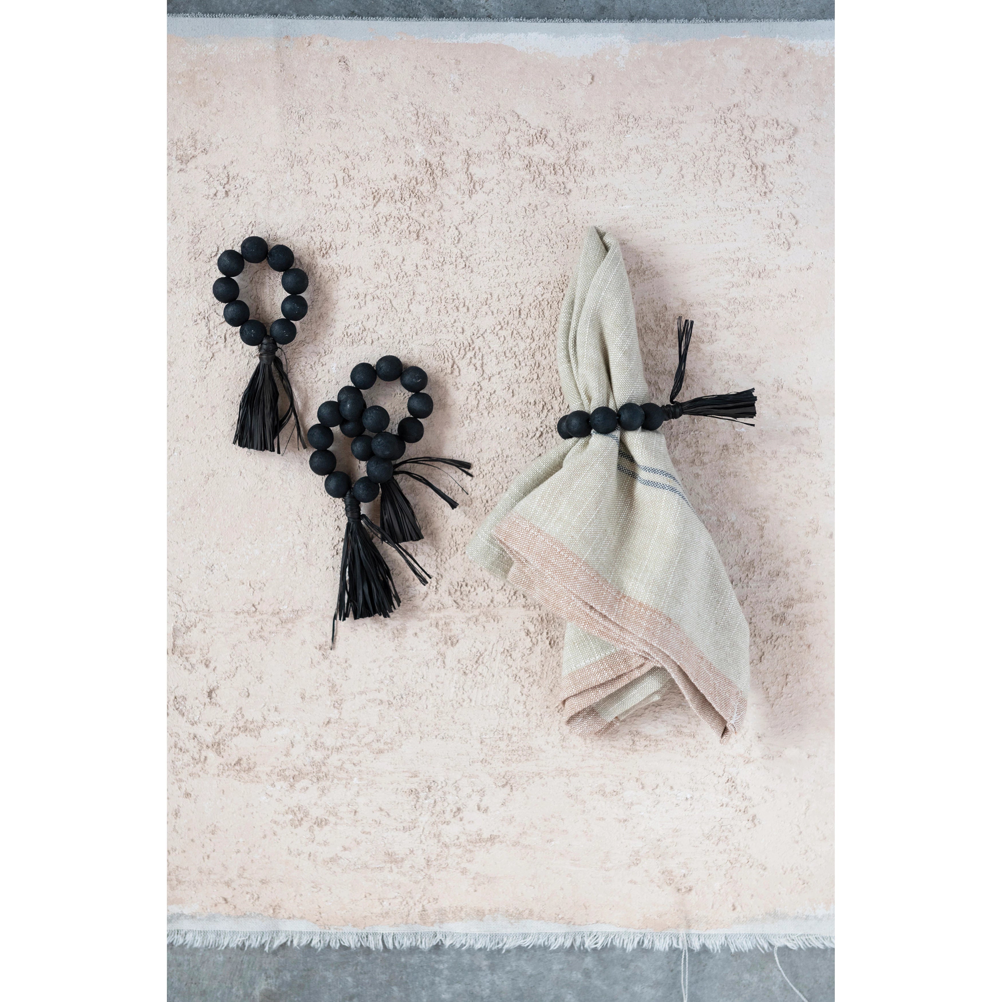 Wood Bead Napkin Rings with Raffia Tassel, Set of 4 - Decor Addict, LLC