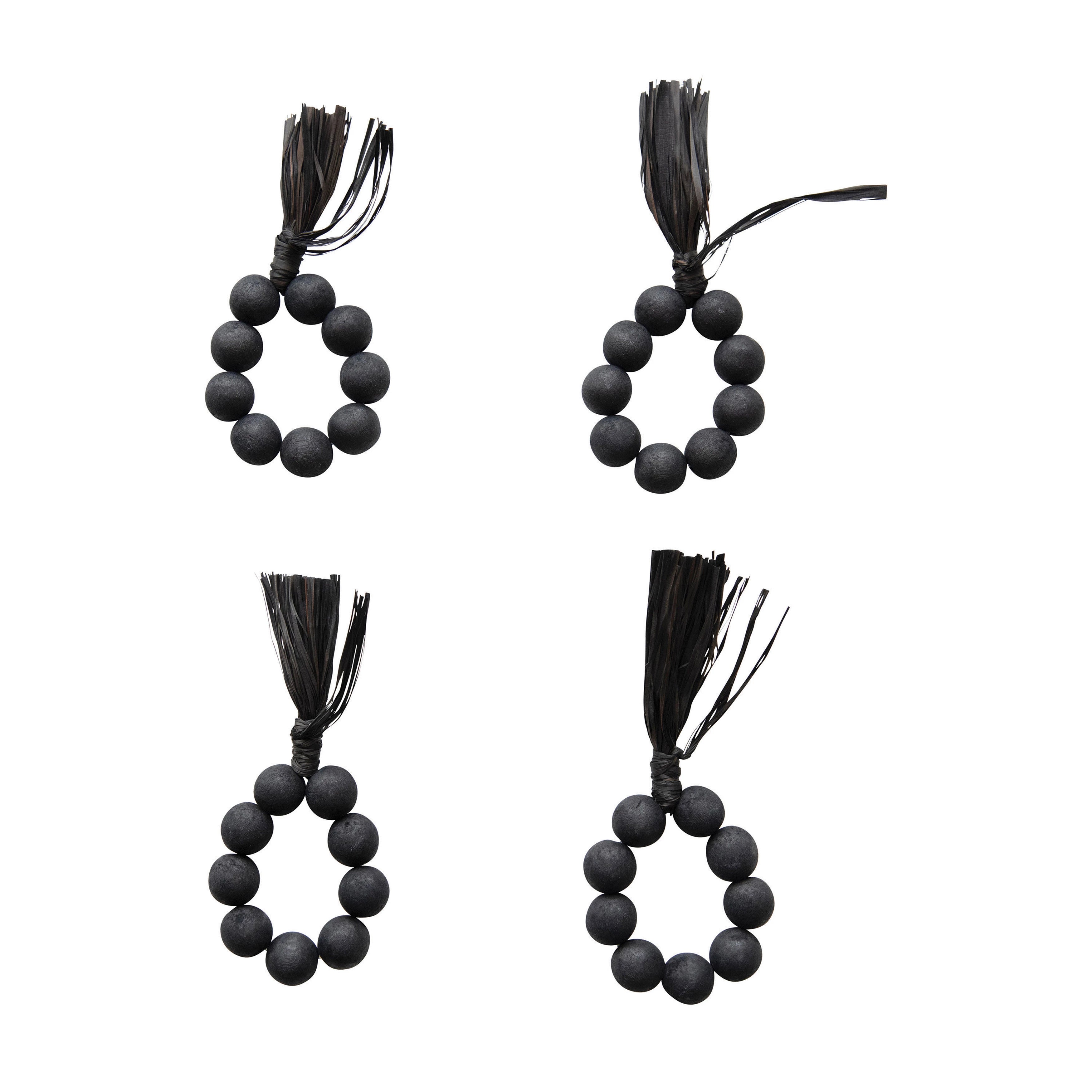 Wood Bead Napkin Rings with Raffia Tassel, Set of 4 - Decor Addict, LLC