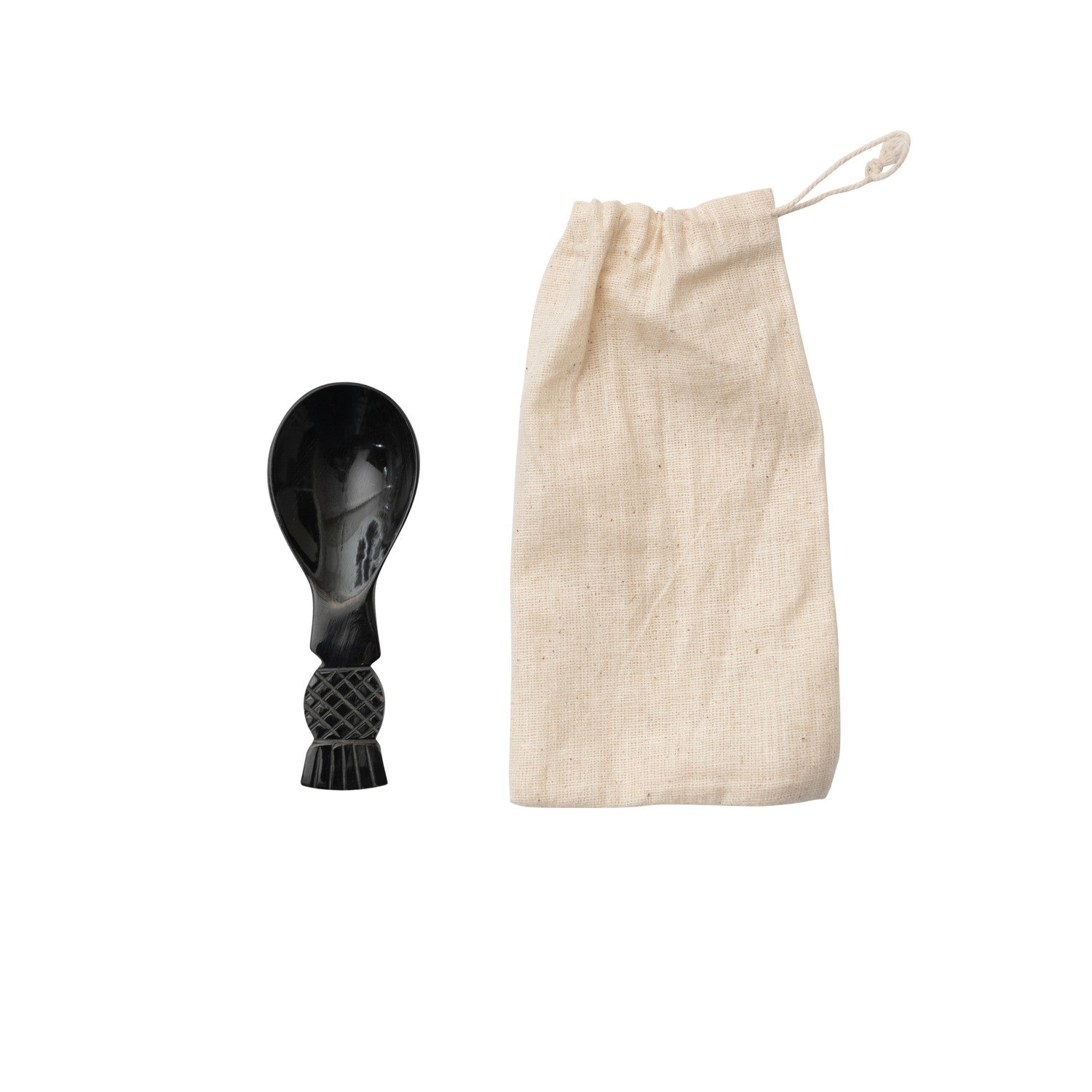 Hand-Carved Horn Spoon in Printed Drawstring Bag (Each One Will Vary)