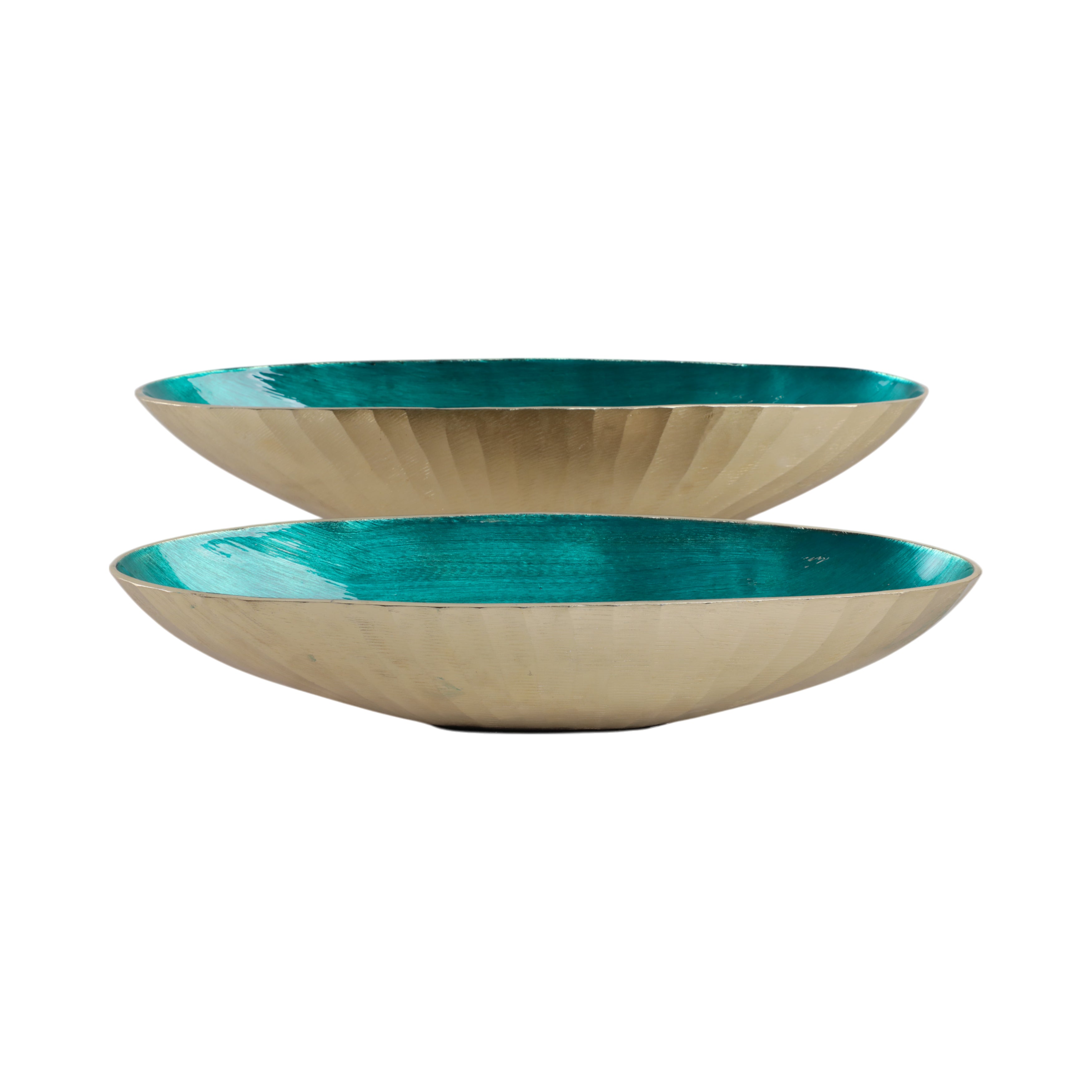 S/2 20/23" Oval Metal Bowl W/ Enamel, Blue/gold - Decor Addict, LLC