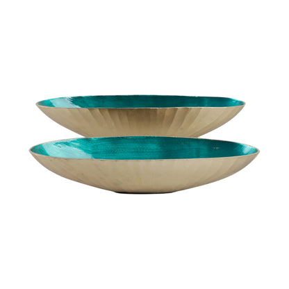 S/2 20/23" Oval Metal Bowl W/ Enamel, Blue/gold - Decor Addict, LLC