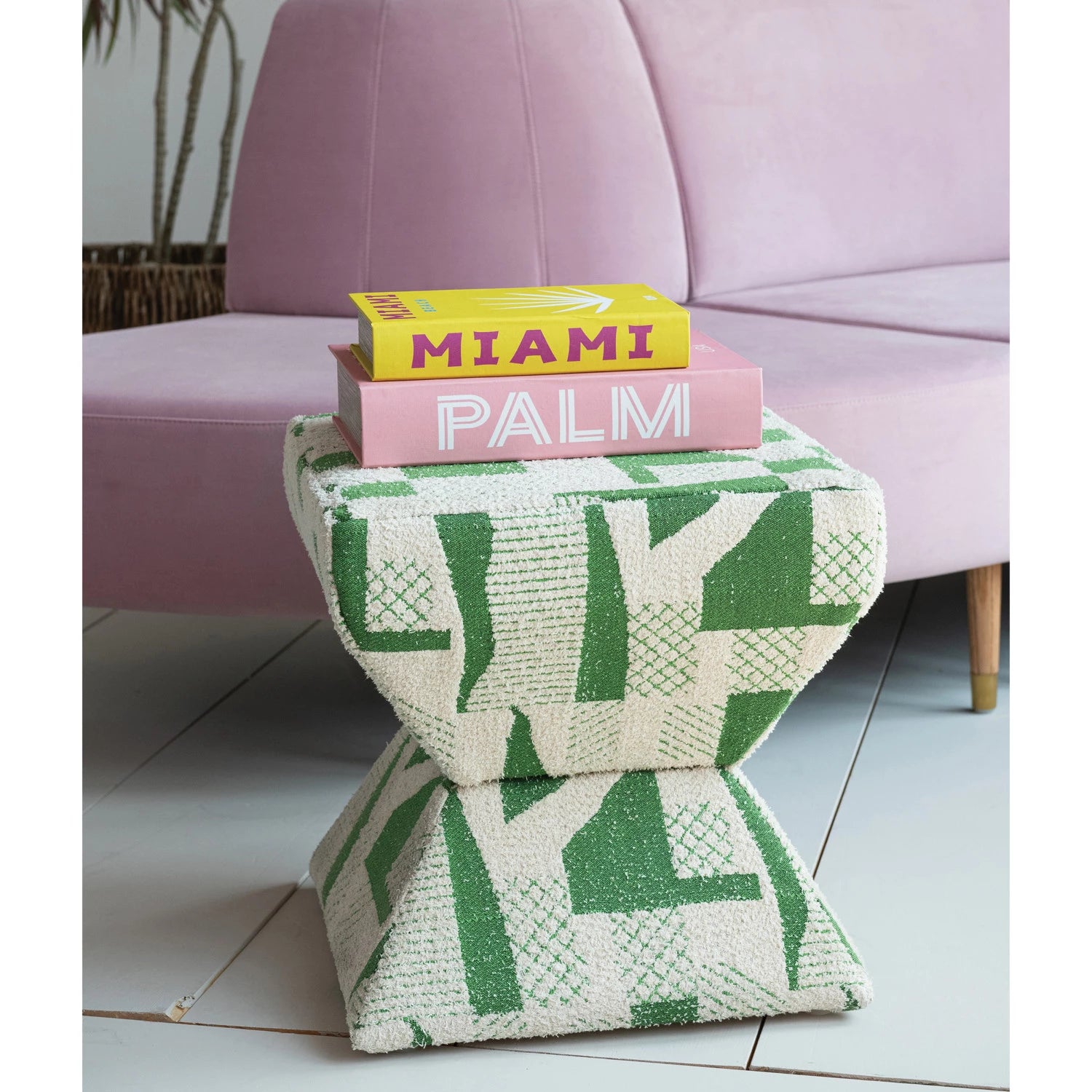 Mango Wood & Cotton Jacquard Upholstered Stool/Ottoman