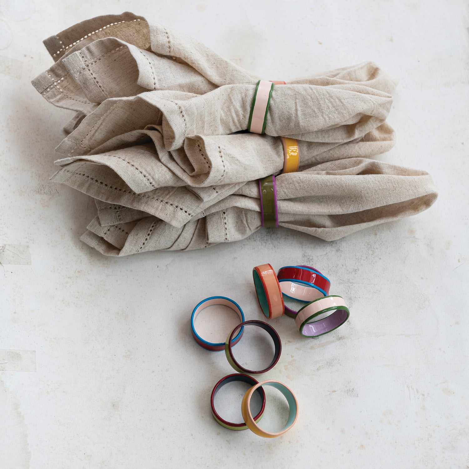 Enameled Metal Napkin Rings with Colored Edge, 6 Colors