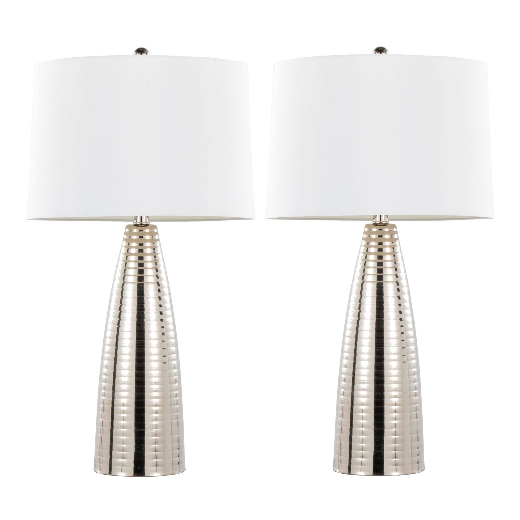 28" Metal Table Lamps ft. Ribbed Body Design (Set of 2): Polished Nickel, White Linen - Decor Addict, LLC