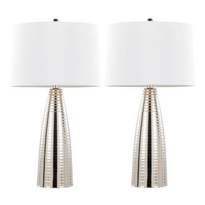 28" Metal Table Lamps ft. Ribbed Body Design (Set of 2): Polished Nickel, White Linen - Decor Addict, LLC