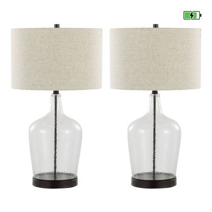 Botella 28" Glass Table Lamp with USB - Set of 2: Clear Dimpled Glass, Oil Bronze Metal, Natural Linen - Decor Addict, LLC