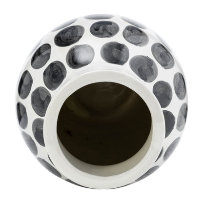 Cer, 10"h Blk Polk-a-dot Flower Vase, White - Decor Addict, LLC