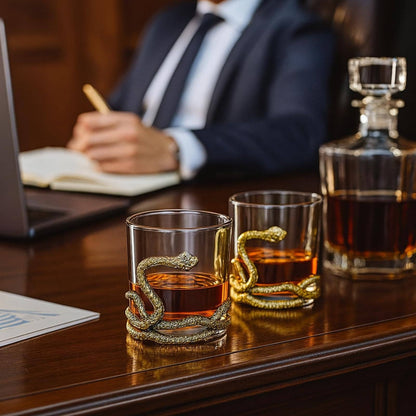 Snake Serpent Whiskey Glasses - 2 Glass Set Gold Design - Decor Addict, LLC