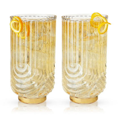 Viski Deco Gatsby Gold Plated Glass Highball Glasses Set of 2