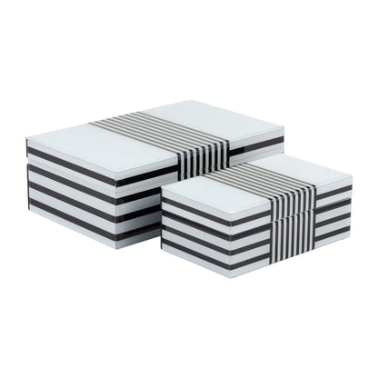 Wood, S/2 8/11" Striped Boxes, Black/white - Decor Addict, LLC