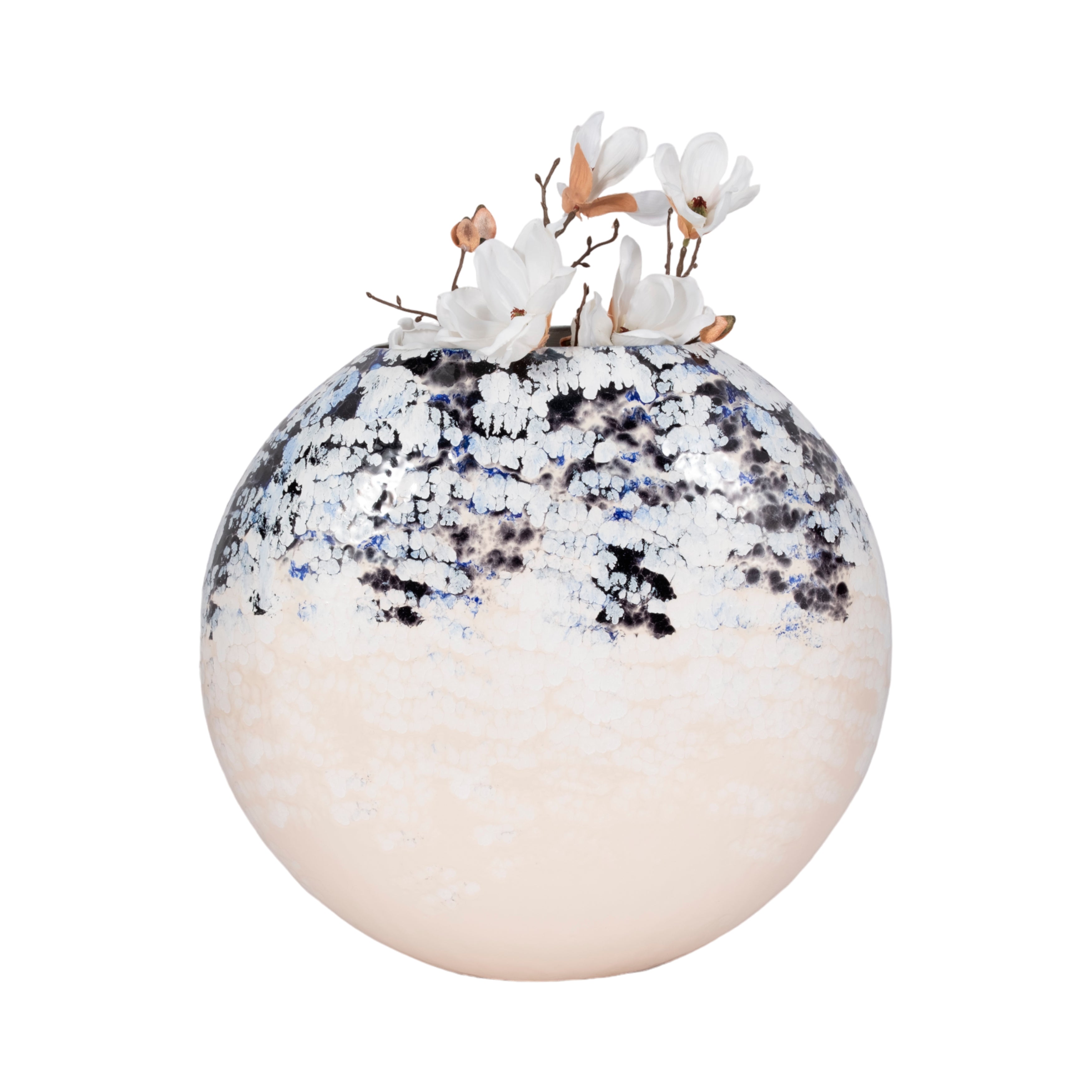 21" Round Metal Vase Arctic Finish, White/blue - Decor Addict, LLC