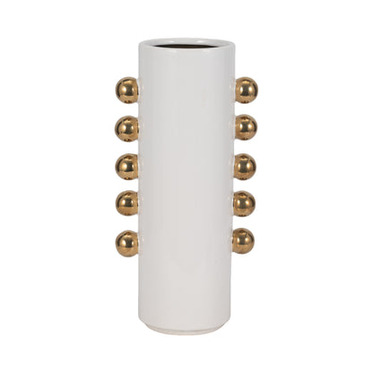 Cer, 16" Vase W/ Side Knobs, White/gold - Decor Addict, LLC