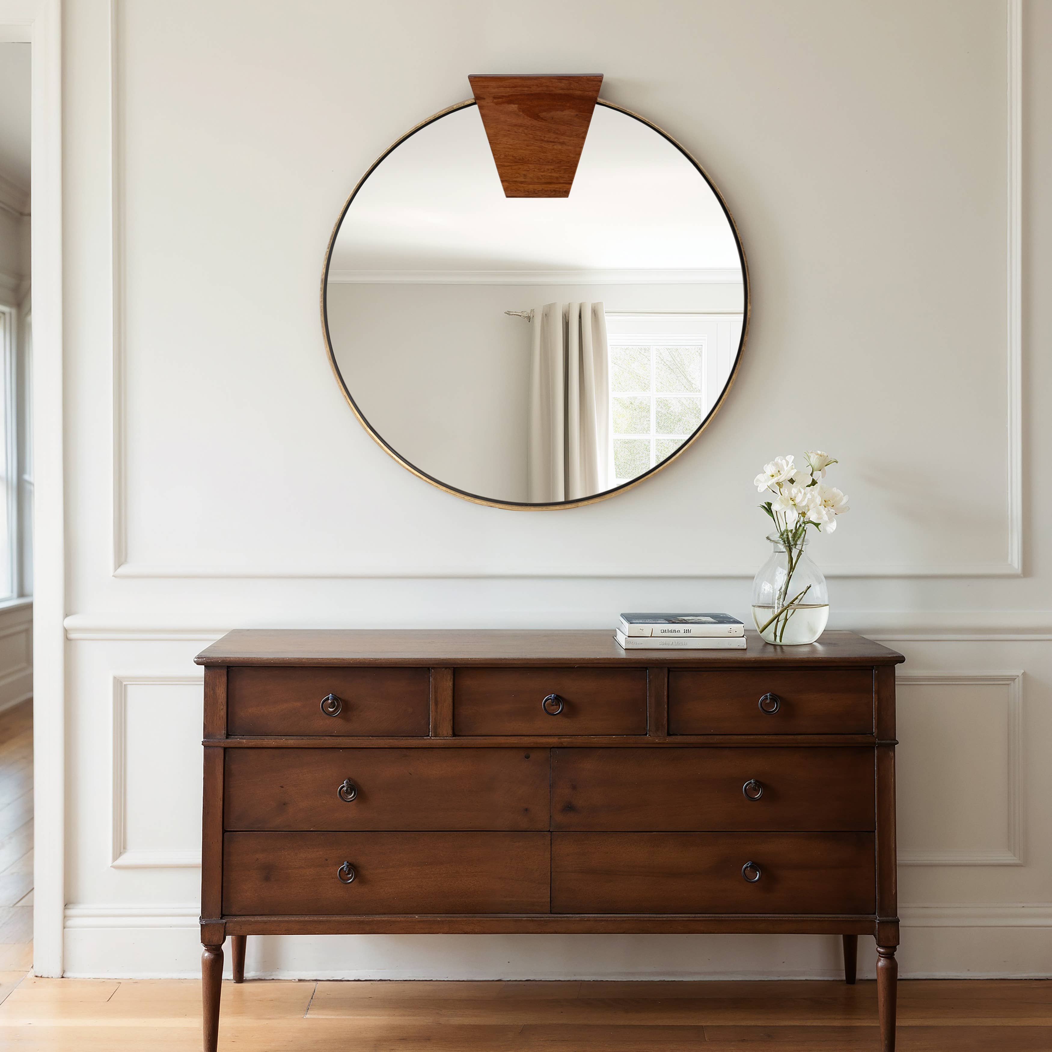 Gold 32x32 Round Wood Piece Framed Mirror - Decor Addict, LLC