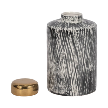 Black/White 10 in. Ceramic Novelty Cross Hatch Ginger Jar - Decor Addict, LLC