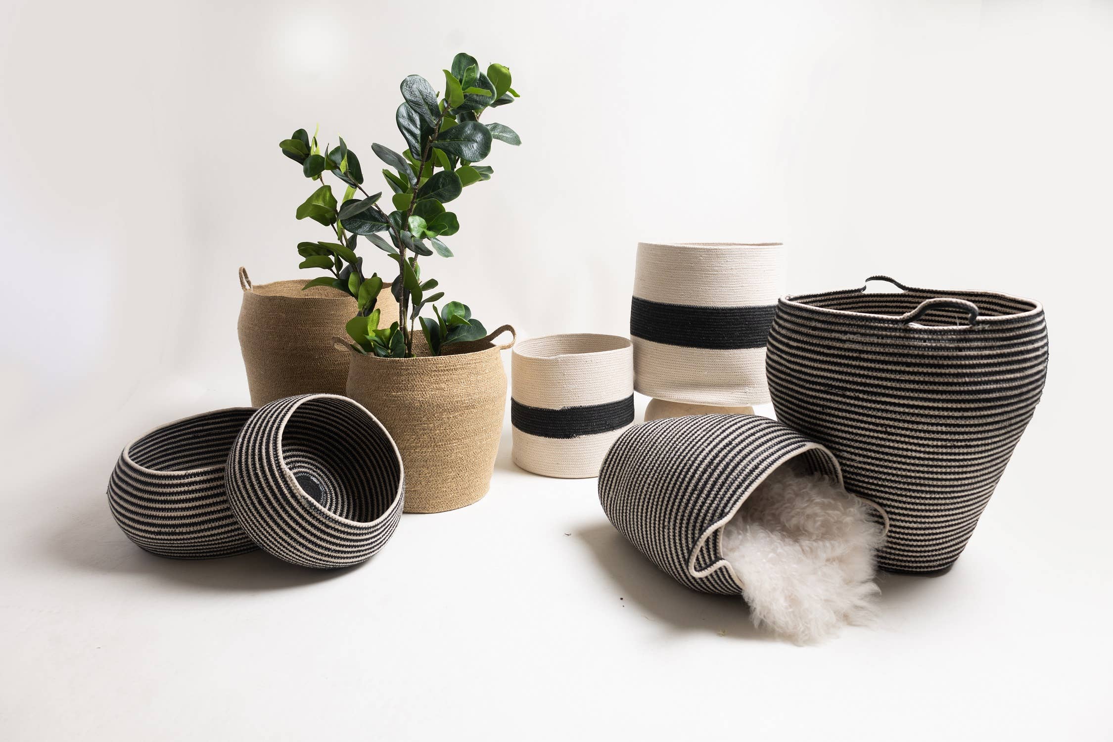 Set of 2 Natural & Black Cotton Woven Baskets w/ Handles: Cotton / Natural and Black - Decor Addict, LLC