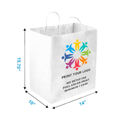 Custom Print Super Royal 14x10x15.75 White Paper Bags: 200 bags - $1.01/pc / 1 side print (front) - Decor Addict, LLC