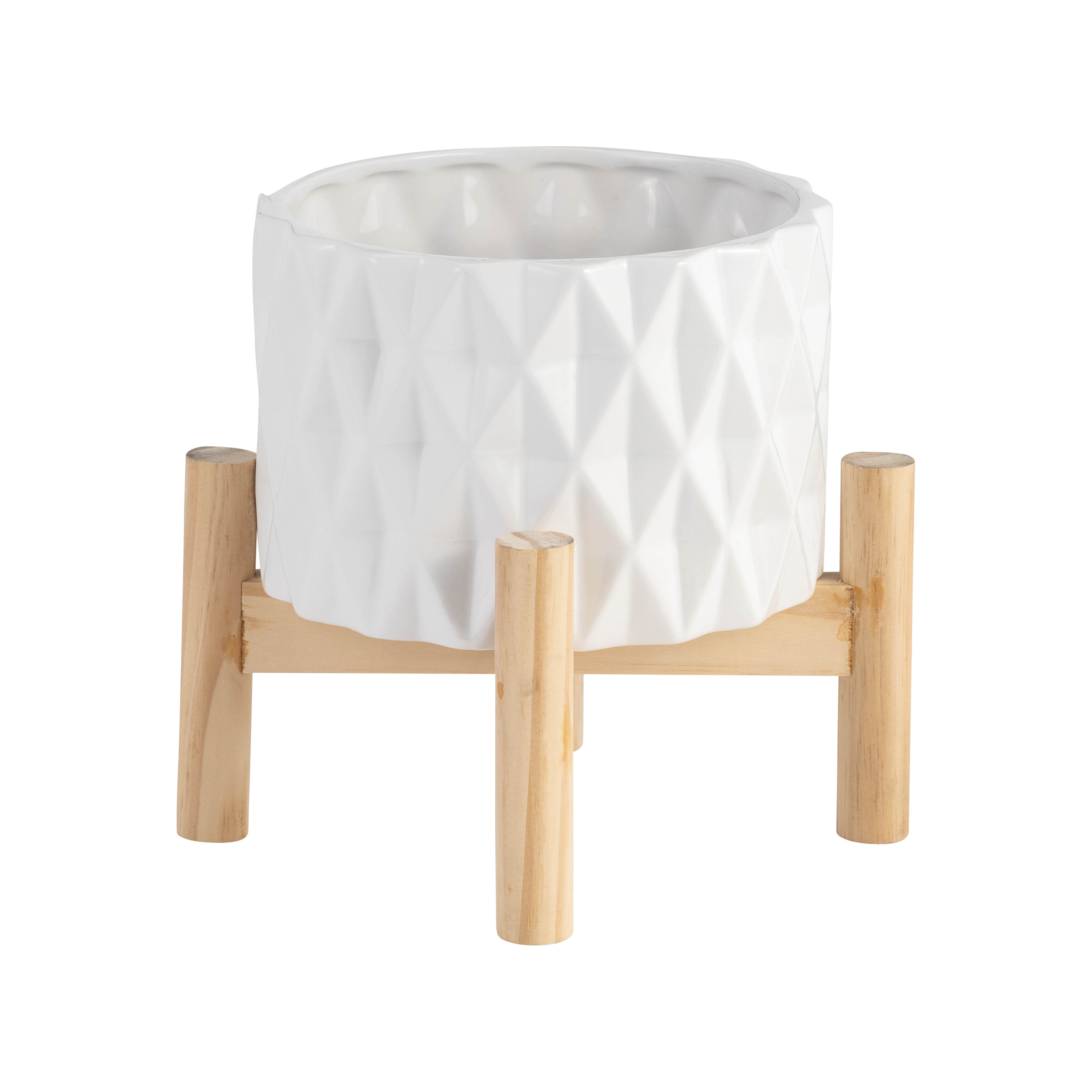 6" Ceramic Diamond Planter W/ Wood Stand, White - Decor Addict, LLC