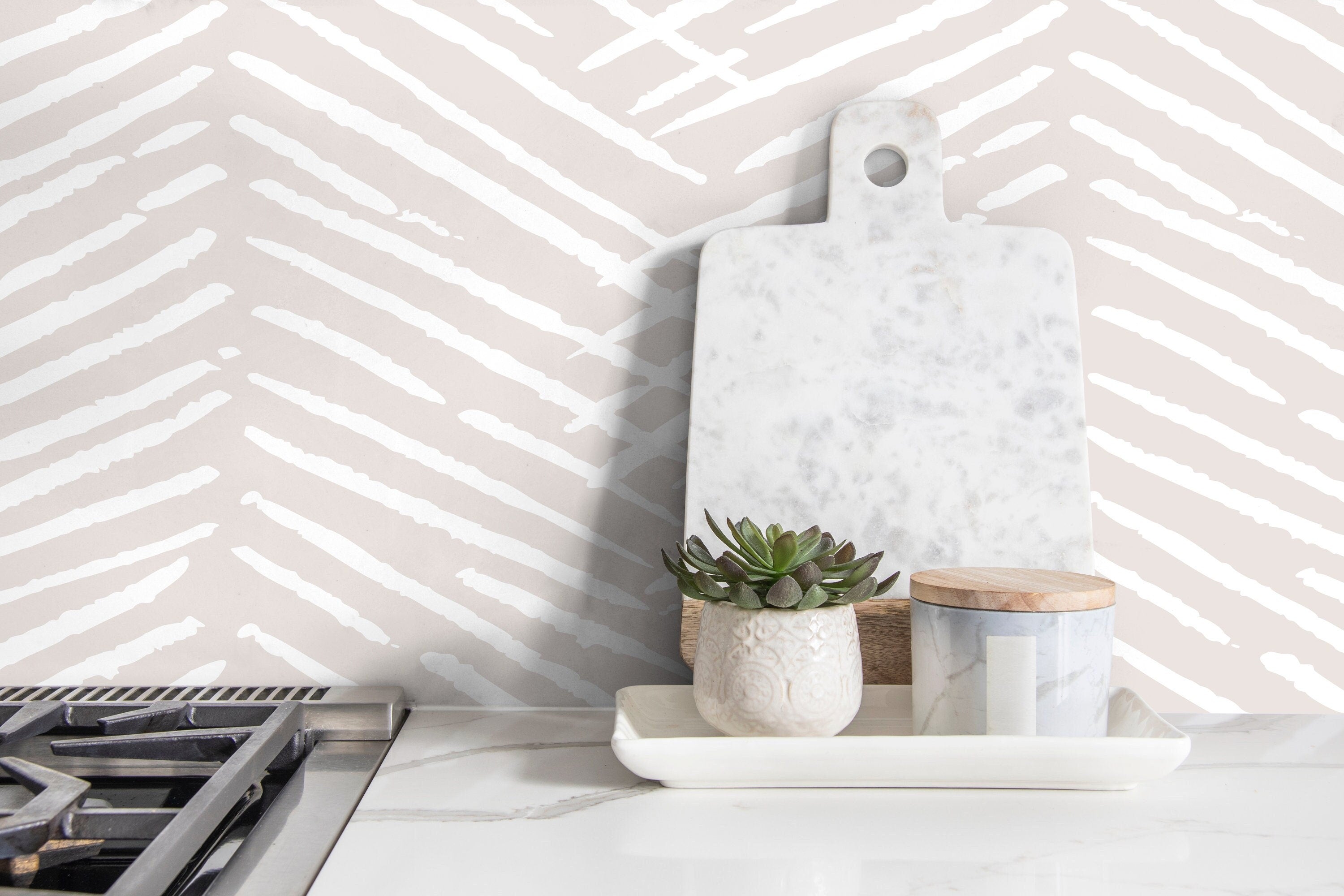 Abstract Wallpaper with a Textured Herringbone Motif in Nude Beige and White - C519 - Decor Addict, LLC