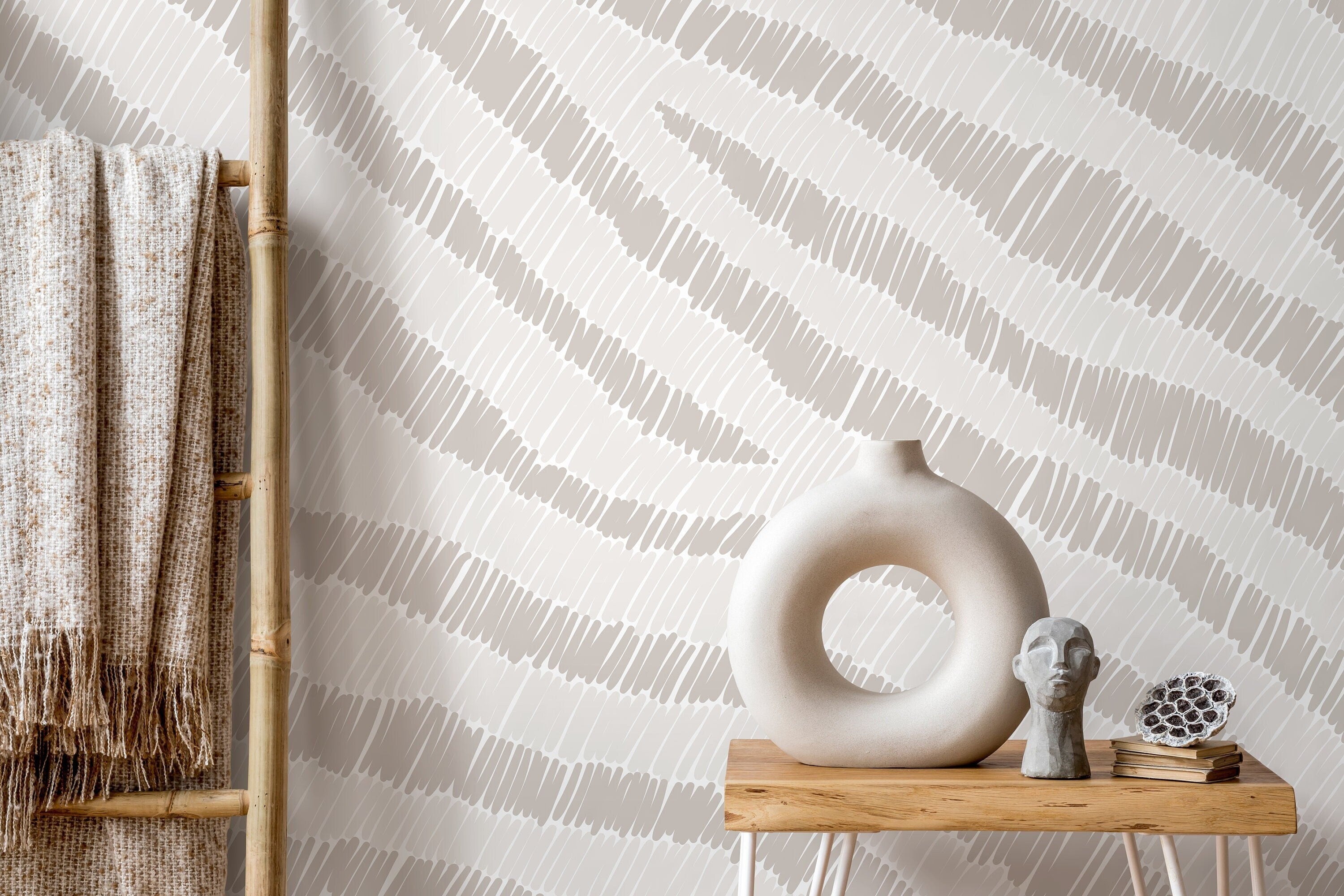Abstract Wallpaper with Sketched Wavy Lines in Beige and Cream - D050 - Decor Addict, LLC