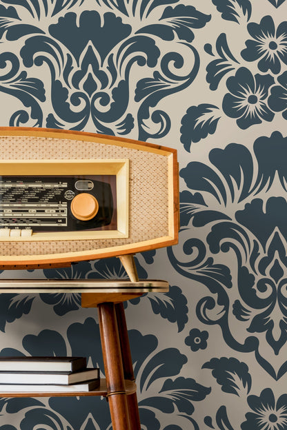 Damask Wallpaper with an Intricate Floral Motif in Navy and Beige - D217 - Decor Addict, LLC