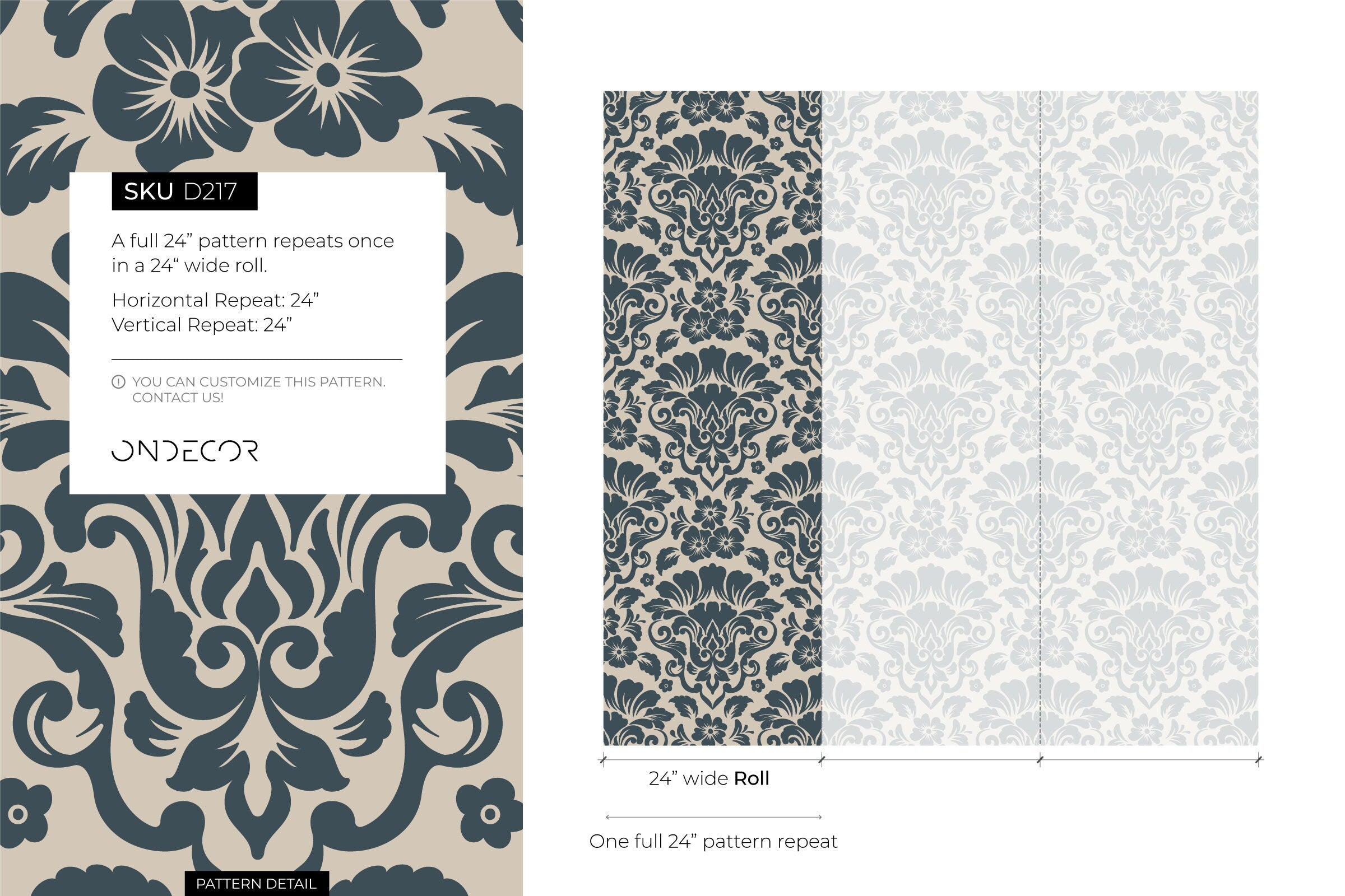 Damask Wallpaper with an Intricate Floral Motif in Navy and Beige - D217 - Decor Addict, LLC