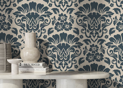 Damask Wallpaper with an Intricate Floral Motif in Navy and Beige - D217 - Decor Addict, LLC