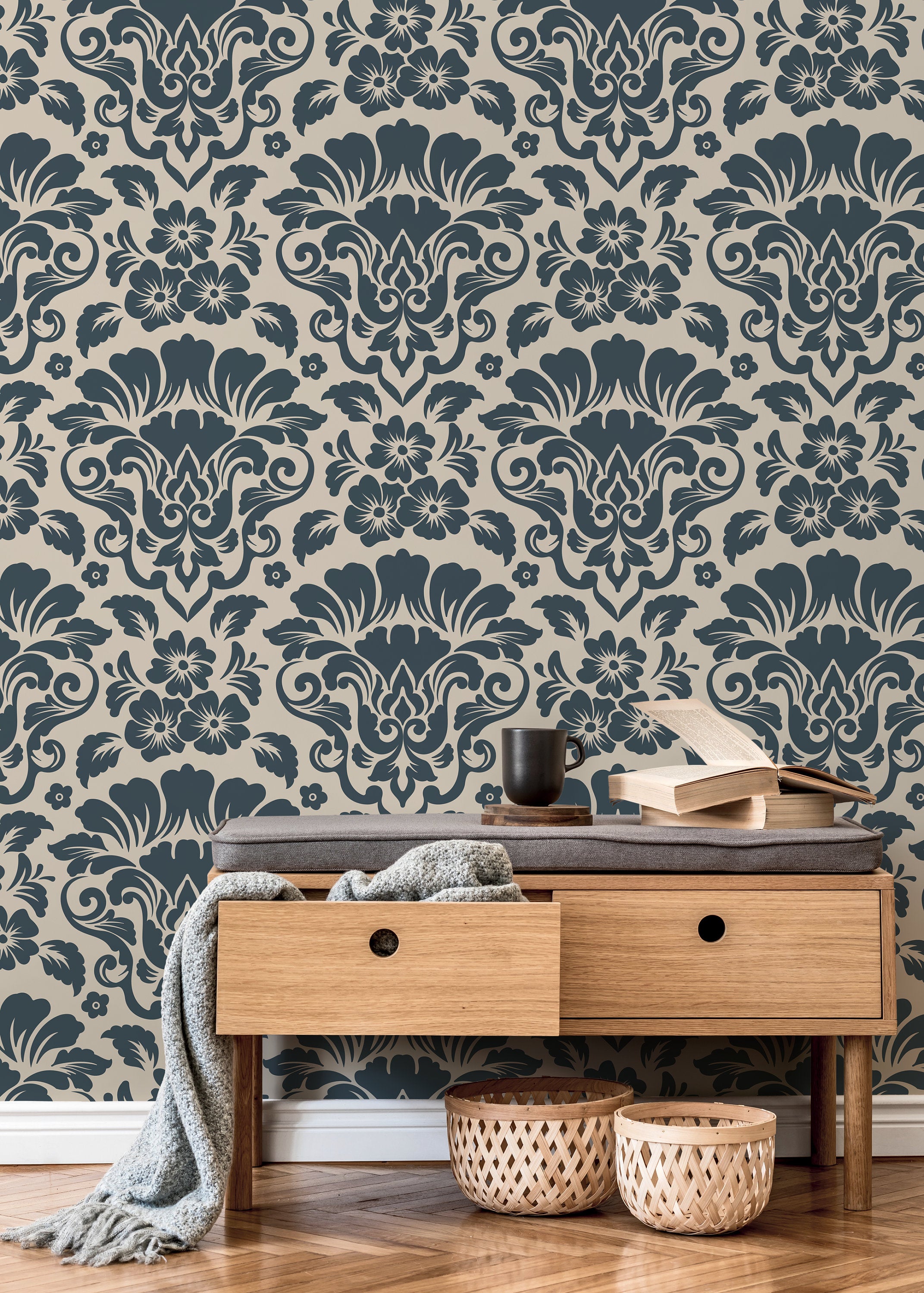 Damask Wallpaper with an Intricate Floral Motif in Navy and Beige - D217 - Decor Addict, LLC
