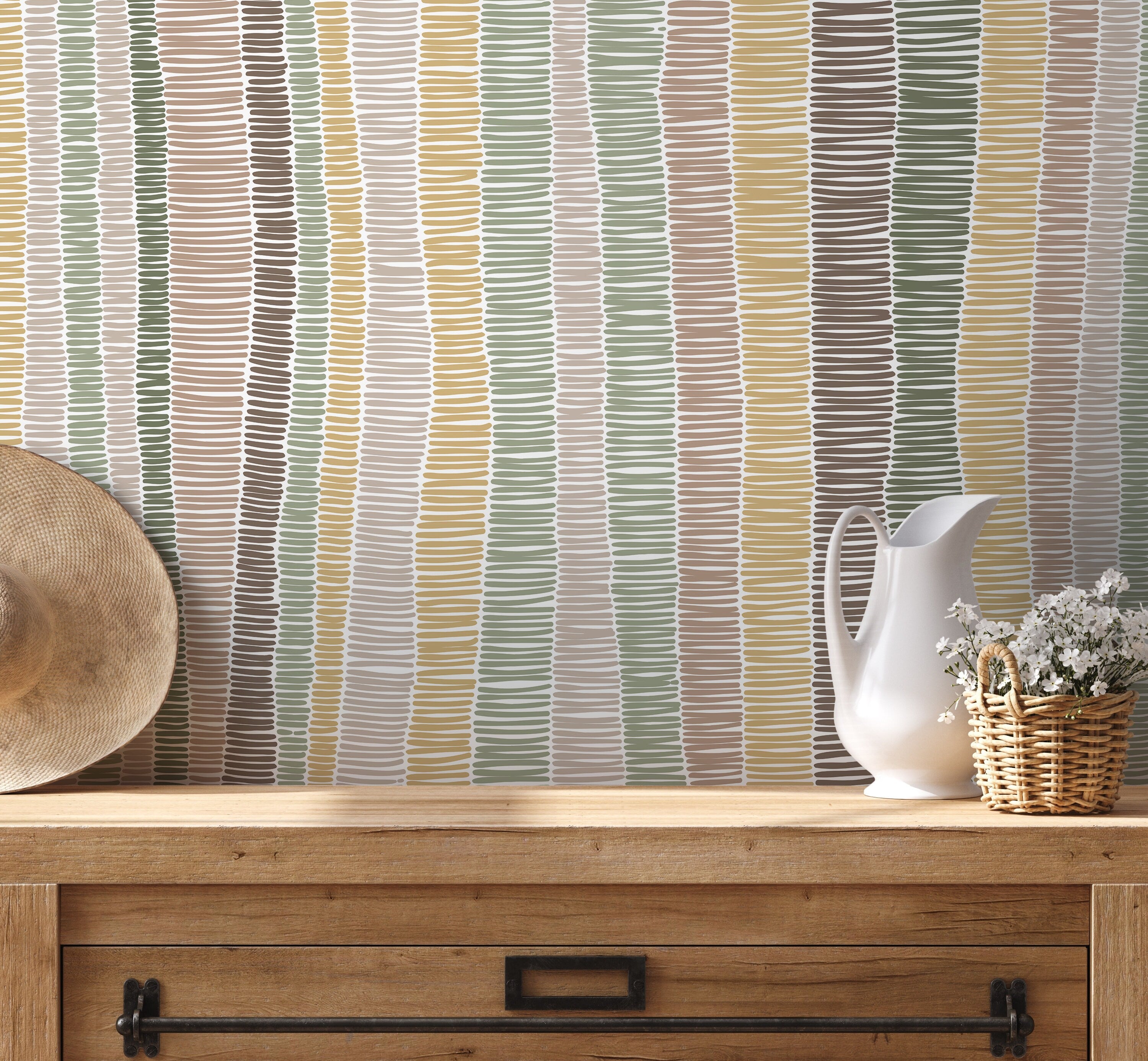 Abstract Wallpaper with Hand-Drawn Vertical Stripes in Green, Brown, and Yellow - D510 - Decor Addict, LLC