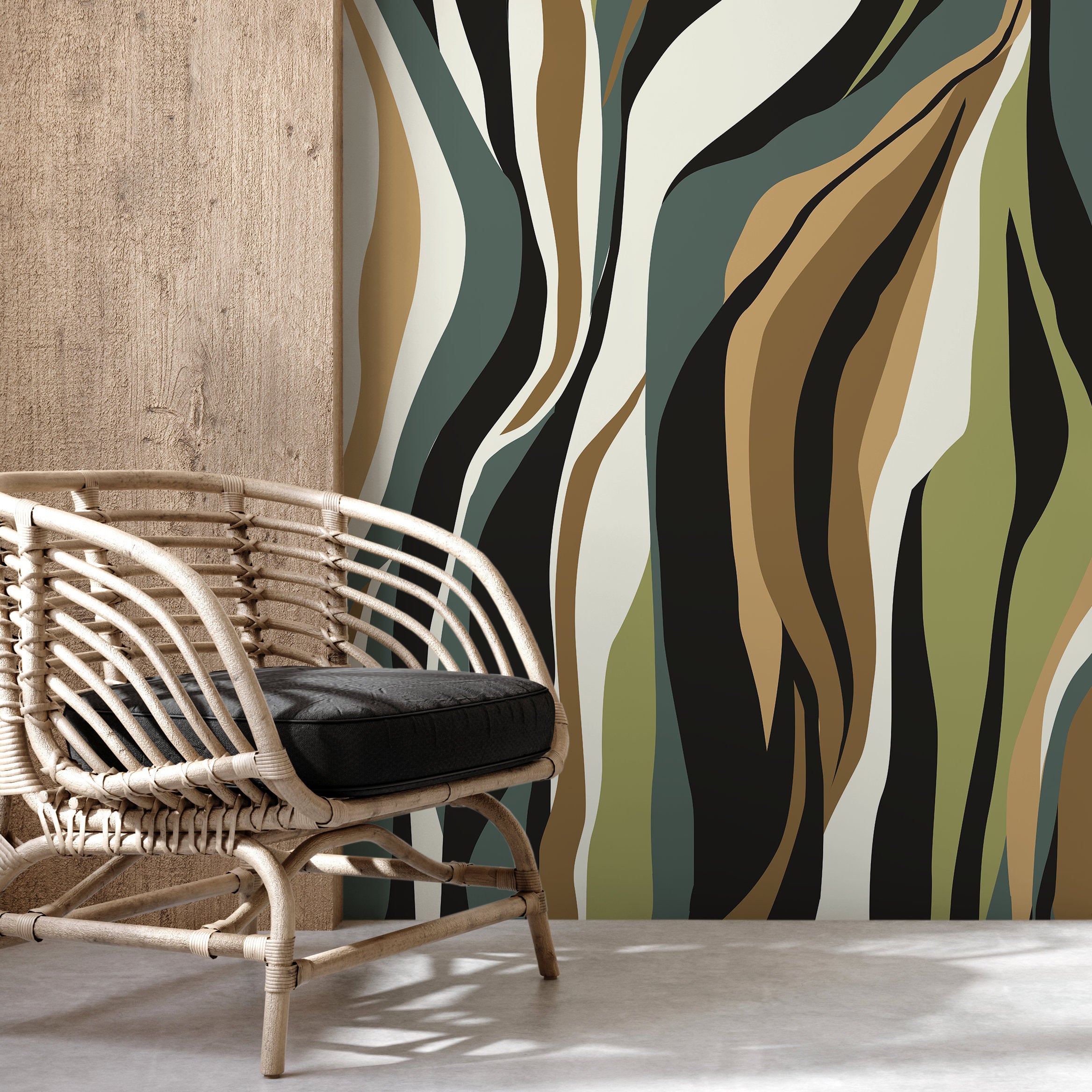Abstract Wallpaper with a Flowing Wave Motif in Black, Green, and Brown - D613 - Decor Addict, LLC