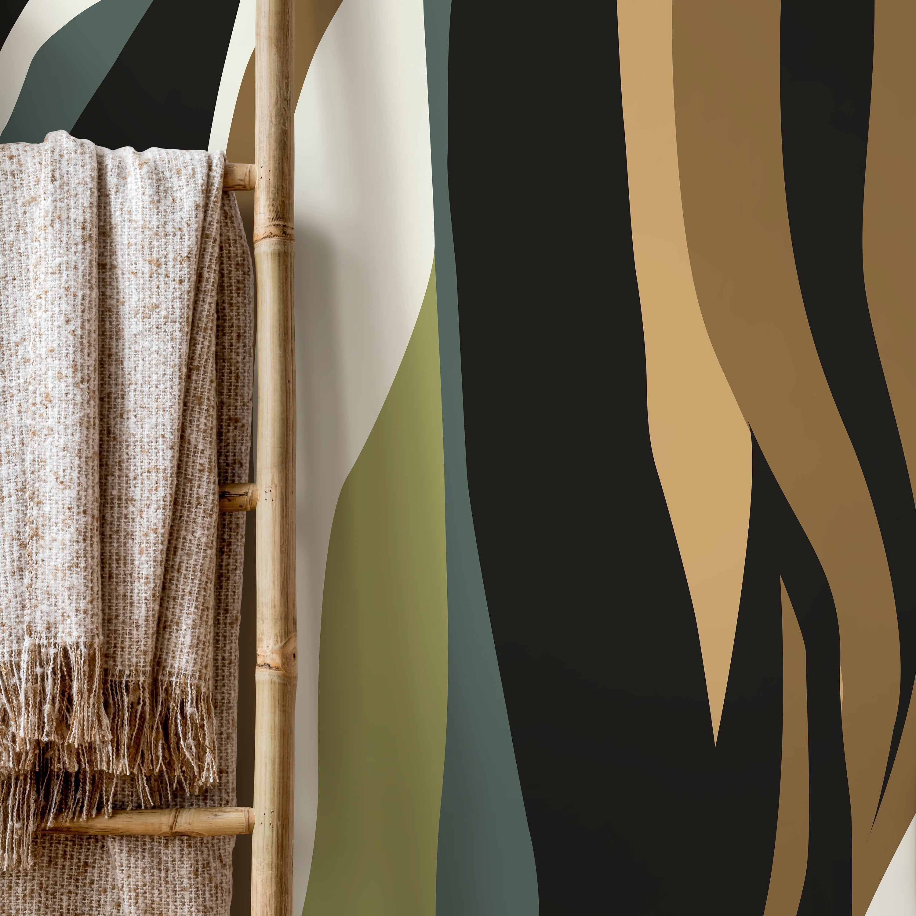 Abstract Wallpaper with a Flowing Wave Motif in Black, Green, and Brown - D613 - Decor Addict, LLC