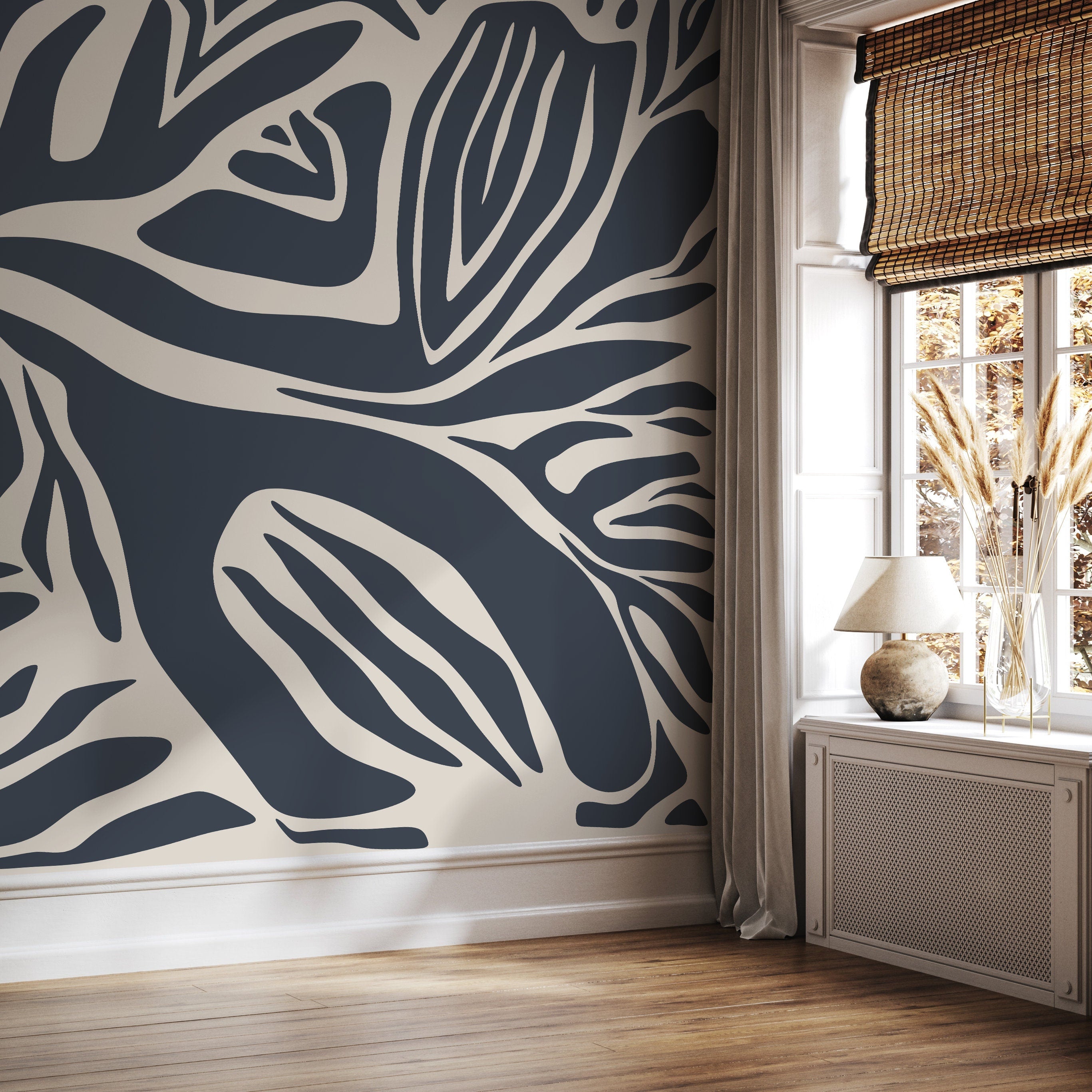 Abstract Wallpaper Featuring Bold Botanical Stripes in Gray Blue and Cream - D693 - Decor Addict, LLC