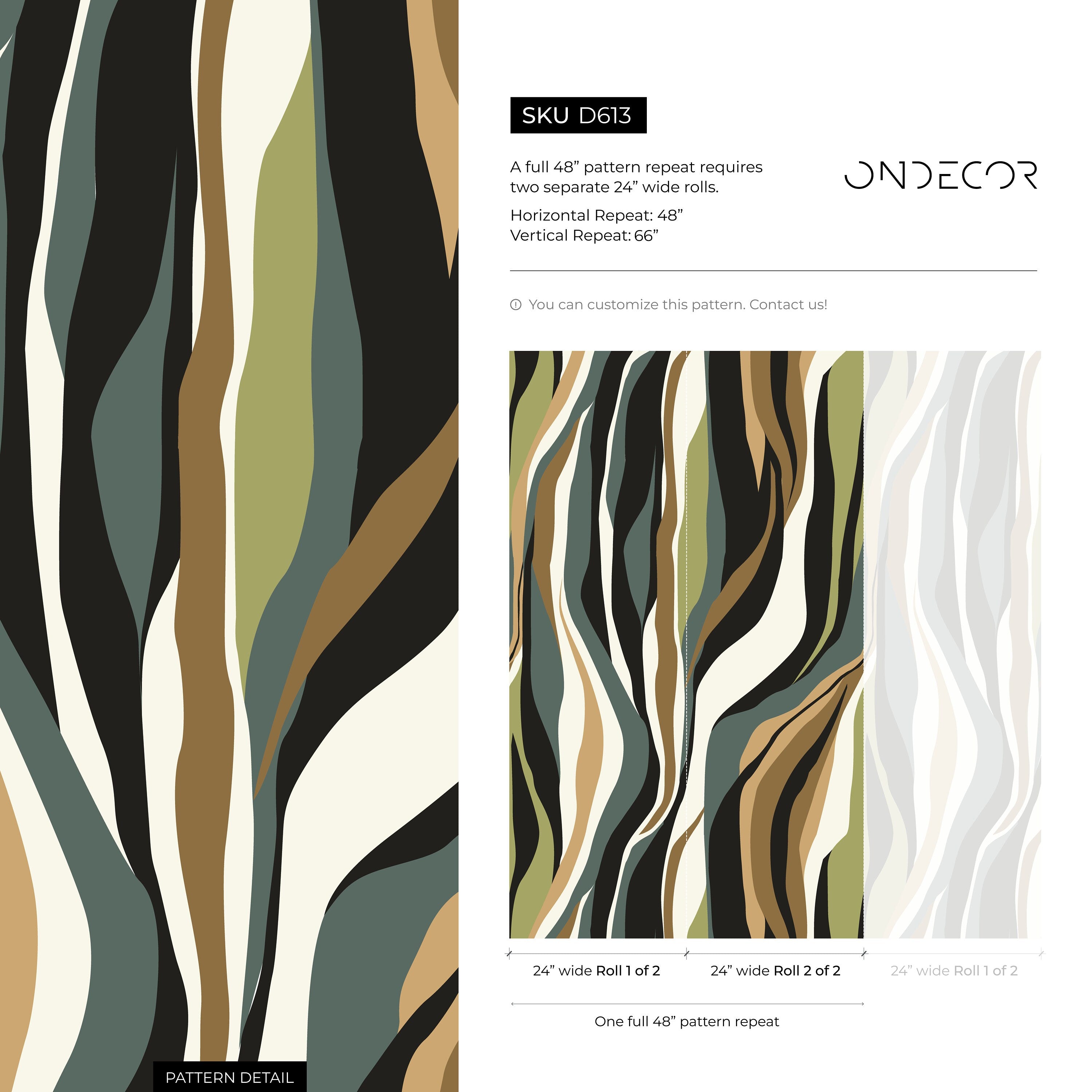 Abstract Wallpaper with a Flowing Wave Motif in Black, Green, and Brown - D613 - Decor Addict, LLC