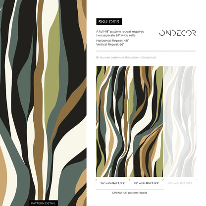 Abstract Wallpaper with a Flowing Wave Motif in Black, Green, and Brown - D613 - Decor Addict, LLC