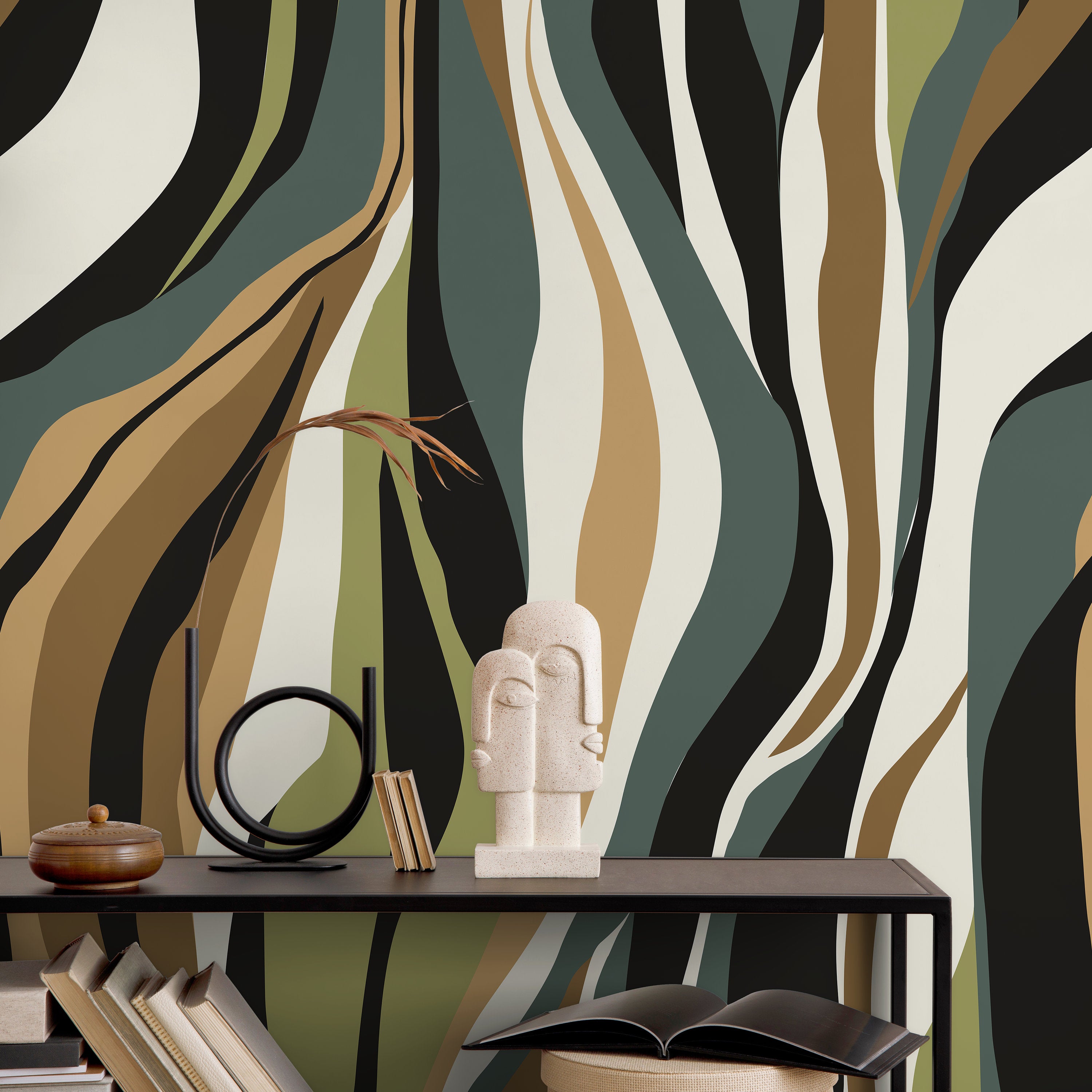 Abstract Wallpaper with a Flowing Wave Motif in Black, Green, and Brown - D613 - Decor Addict, LLC