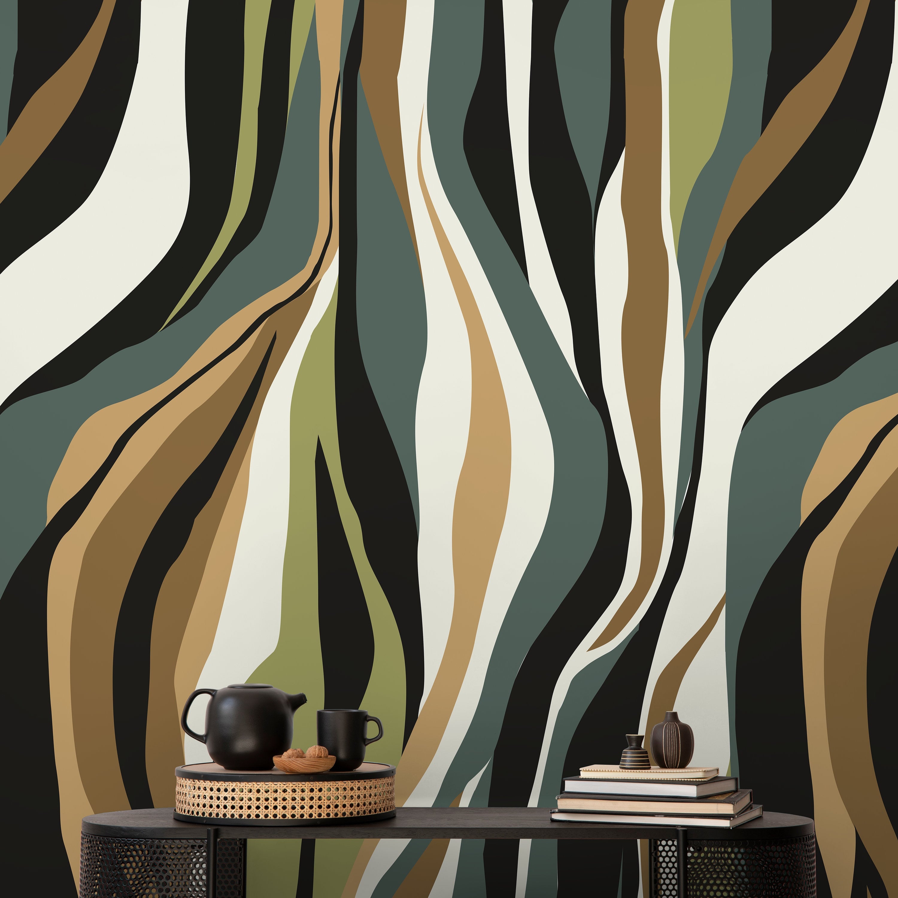 Abstract Wallpaper with a Flowing Wave Motif in Black, Green, and Brown - D613 - Decor Addict, LLC