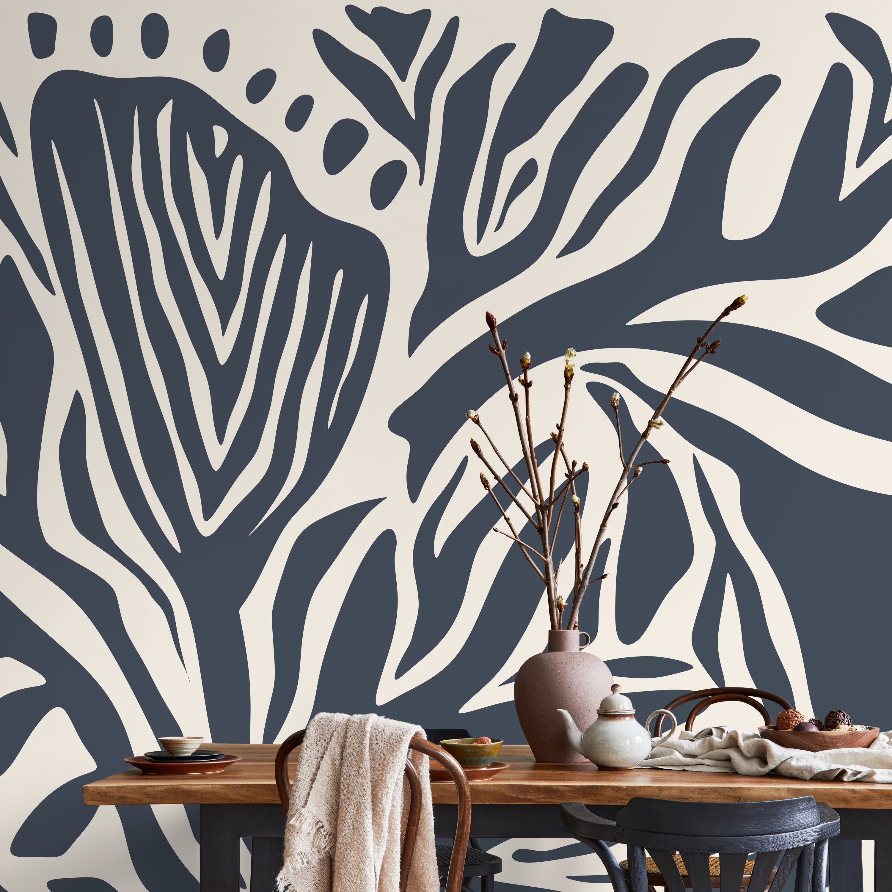 Abstract Wallpaper Featuring Bold Botanical Stripes in Gray Blue and Cream - D693 - Decor Addict, LLC