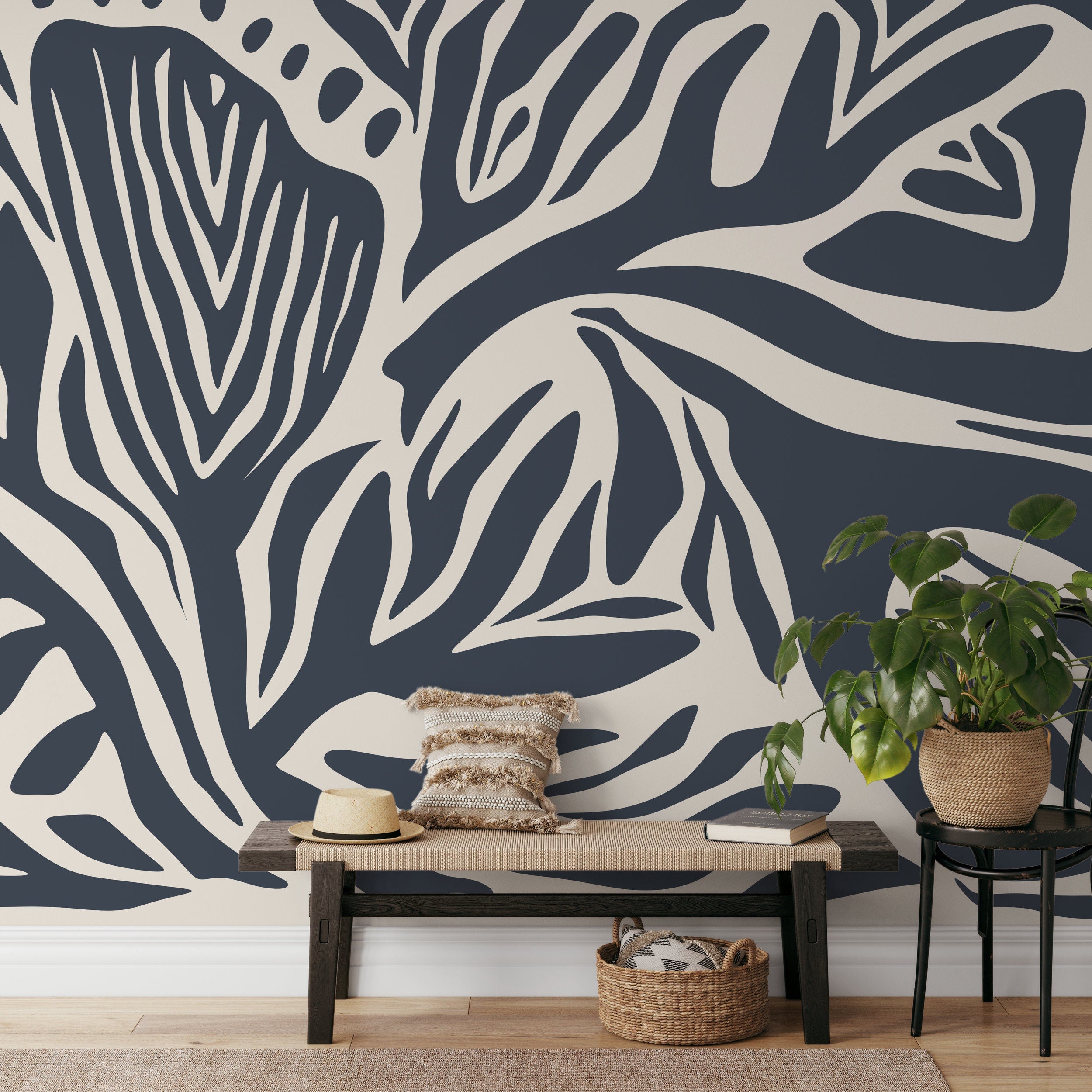 Abstract Wallpaper Featuring Bold Botanical Stripes in Gray Blue and Cream - D693 - Decor Addict, LLC
