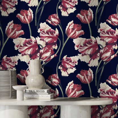 Floral Wallpaper Featuring Vintage Tulips in Red, Cream, and Navy Blue - D647 - Decor Addict, LLC