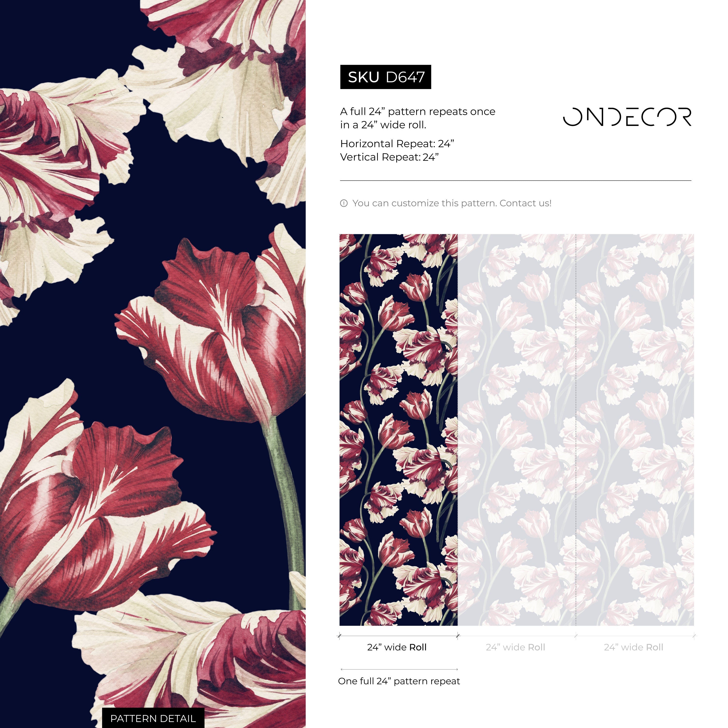Floral Wallpaper Featuring Vintage Tulips in Red, Cream, and Navy Blue - D647 - Decor Addict, LLC