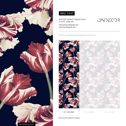Floral Wallpaper Featuring Vintage Tulips in Red, Cream, and Navy Blue - D647 - Decor Addict, LLC